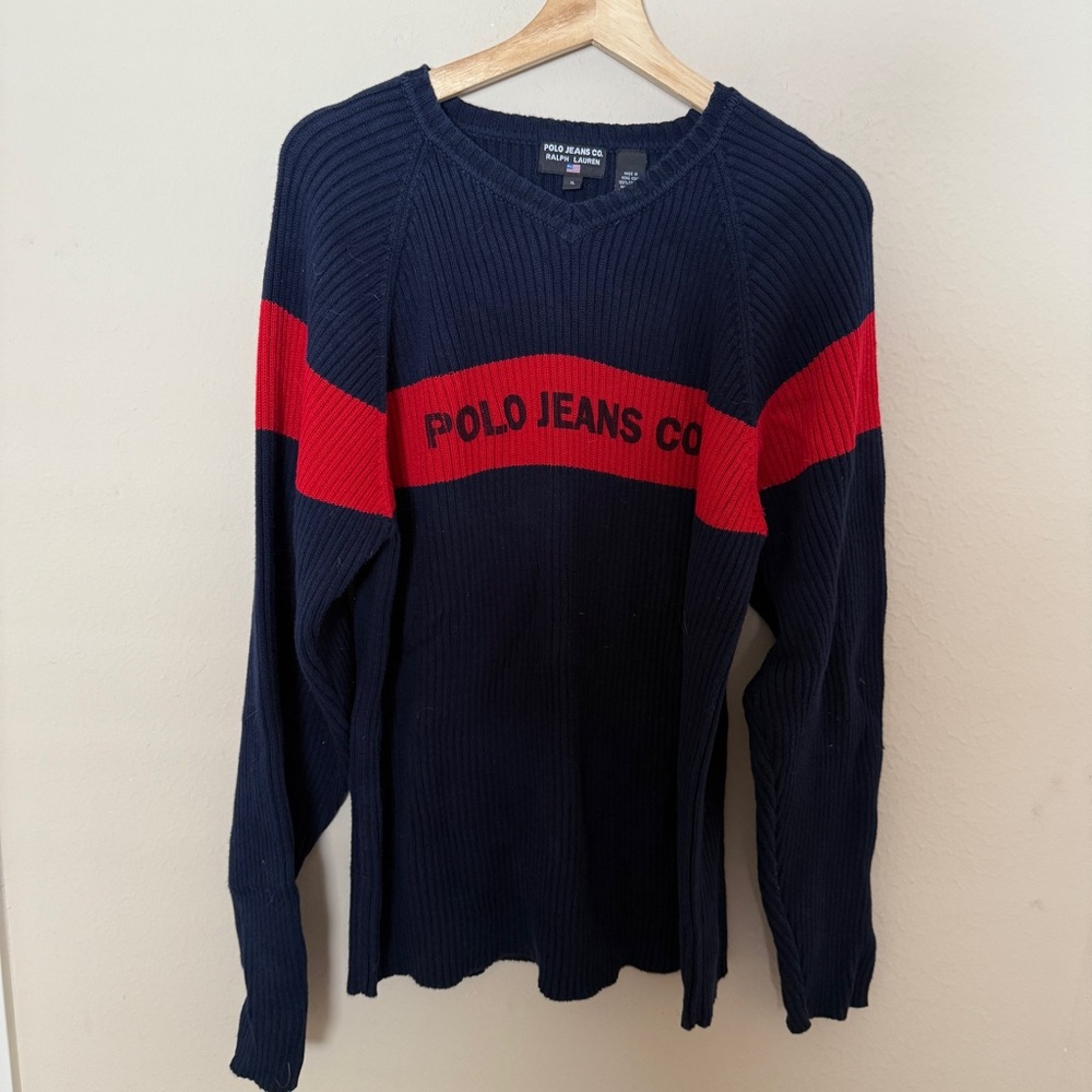 Ralph Lauren Polo Jeans Company Men's Navy Blue/Red Logo Pullover Sweater XL
